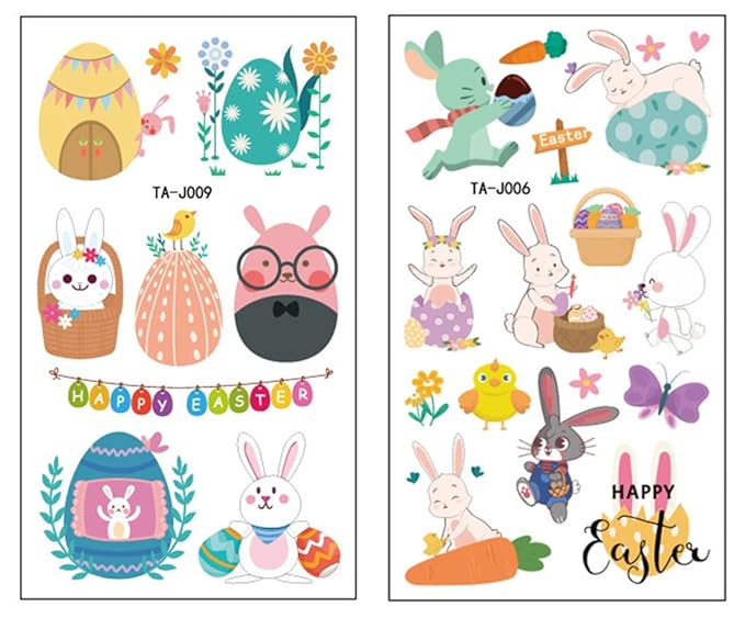 10 Sheets(110PCS) Easter Tattoo Temporales for Kids,Bunny Egg Chicks Tattoo Stickers,Facial Hands Available,Easter Party Decorations