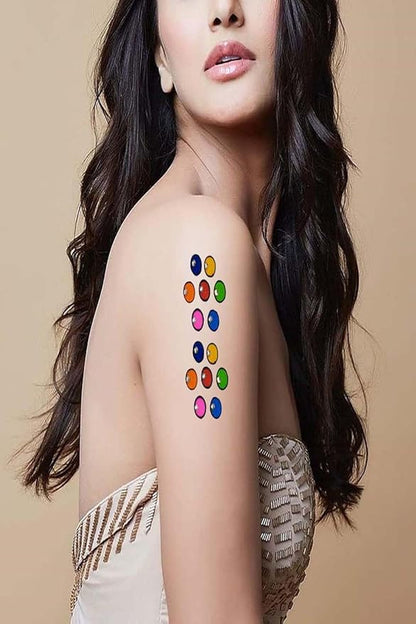 Sticker Kumkum Jewel Bindi Breathable Fabric with Rhinestone, Does not Irritate Skin, No Gum Marks on Skin, Round Tilak A Sheet of 2 Flaps (Multi-Colour) (P6-7MM-Stone)