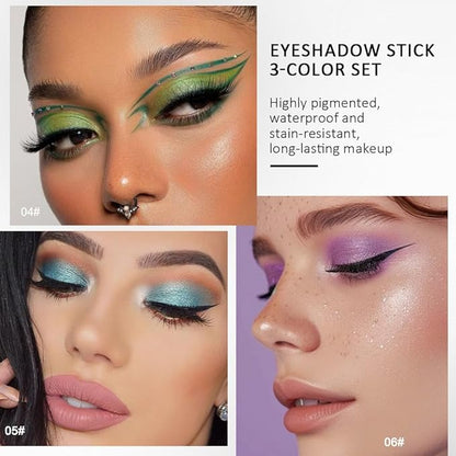 3Pcs Cream Eye Shadow Sticks Sets,Green Blue Violet Purple Shimmer Matte Pencil Eyeshadow Applicator Stick,Cream Eye Shadow Brightener Stick,Eye Makeup Palette Long Lasting Naturing-Looking