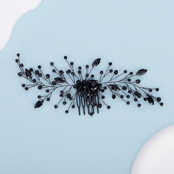 Kercisbeauty Black Rhinestones Beads Crystal Hair Comb Long Side Hairpiece for Wedding Brides Bridesmaid Women Girls Porm Halloween Themed Party Jewelry