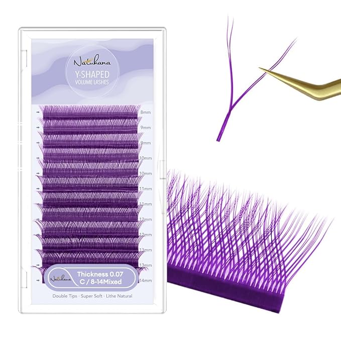 YY Eyelash Extension 0.07mm C Curl 8-14mm Mixed Tray Lash Supplies Premade Fans Y Shape Volume Lash 12 Rows Premium Faux Mink Lash Extensions (8-14 MIX, Purple;0.07 C)