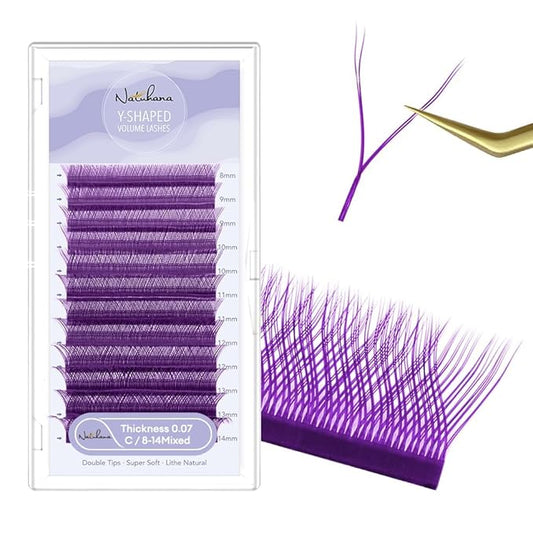 YY Eyelash Extension 0.07mm C Curl 8-14mm Mixed Tray Lash Supplies Premade Fans Y Shape Volume Lash 12 Rows Premium Faux Mink Lash Extensions (8-14 MIX, Purple;0.07 C)