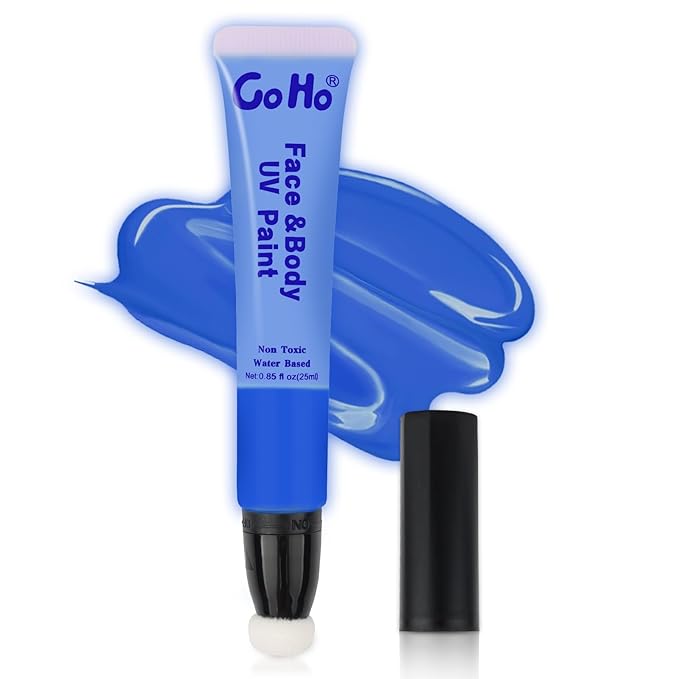 Go Ho UV Blacklight Neon Blue Face Body Paint,Water Based Bright Color Neon Fluorescent Body Paint with Cushion Applicator,Glow In The Dark Under UV Light Party Halloween Makeup Washable