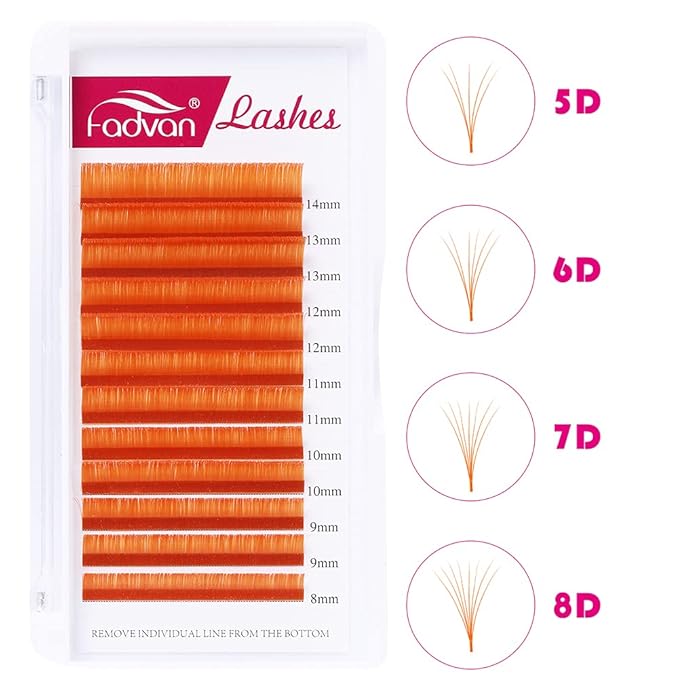Volume Eyelash Extension 0.07 D Curl 8-14mm Mixed Tray Orange Color Volume Lashes Colored Lash Extensions Easy fan Colored Lashes Rapid Blooming Lashes 2D-20D Use by FADVAN (Orange-D, 8-14mm)