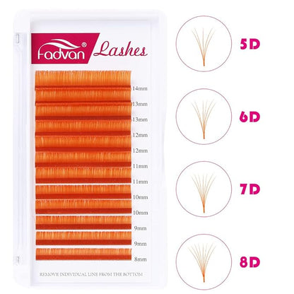 Volume Eyelash Extension 0.07 D Curl 8-14mm Mixed Tray Orange Color Volume Lashes Colored Lash Extensions Easy fan Colored Lashes Rapid Blooming Lashes 2D-20D Use by FADVAN (Orange-D, 8-14mm)