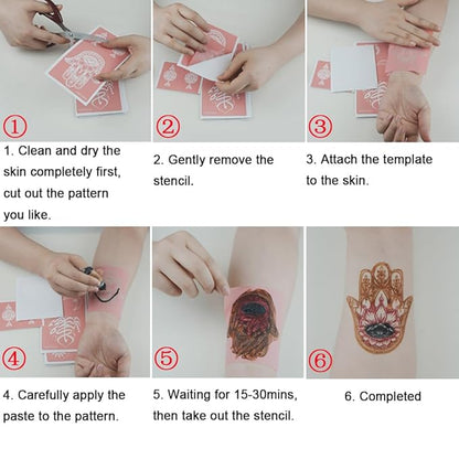 XMASIR Tattoo Kit, Temporary Tattoos Stencils 18 Sheets Pink Henna Tattoo Templates Flower Sun Moon Indian Arabian Face Body Paint DIY for Girls Women (Pink)