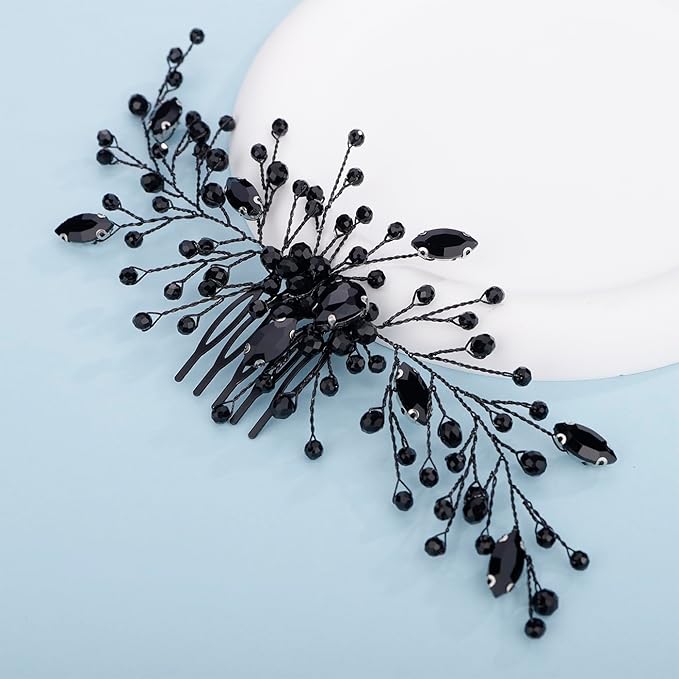 Kercisbeauty Black Rhinestones Beads Crystal Hair Comb Long Side Hairpiece for Wedding Brides Bridesmaid Women Girls Porm Halloween Themed Party Jewelry