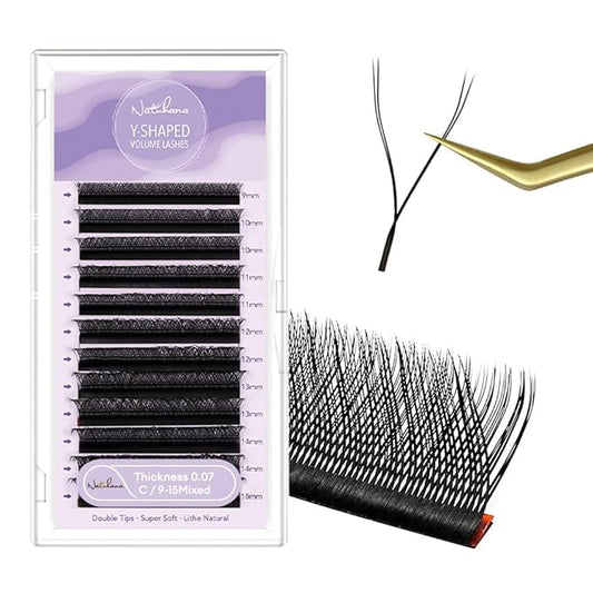 YY Eyelash Extension 0.07mm C Curl 9-15mm Mixed Tray Lash Supplies Premade Fans Y Shape Volume Lash 12 Rows Premium Faux Mink Lash Extensions (9-15 MIX, Black ;0.07 C)