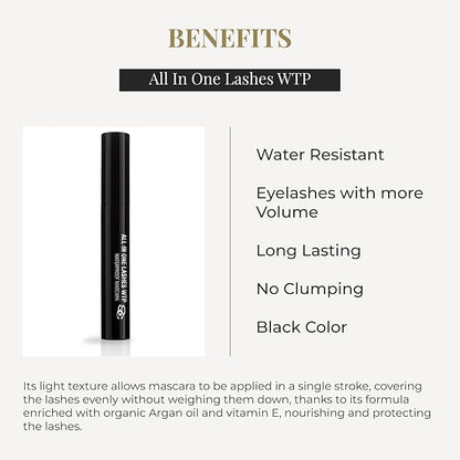 SALERM - Waterproof Mascara - All In One Lashes WTP - 9 ml - Waterproof - Adds Volume to Lashes - Long-Lasting - No Clumping - Black Color