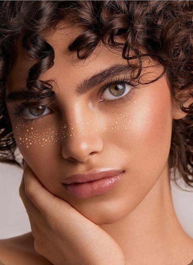 6 Pcs Glitter Freckles Face Tattoo,Waterproof Makeup Patches,Face Glitter Speckles Patches,Glow Up Makeup Patches,Cosmetic Glitter for Face - Cute Glitter Makeup Accessories for Women - Gold