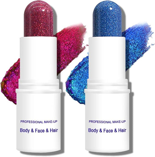 CAHIUYOA 2PCS Blue Red Body Glitter Stick Multiuse Glitter Gel for Face Body Hair Lip Eyes Glitter Makeup Stick Holographic Sequins Face Paint Hair Glitter Gel for Kids Women
