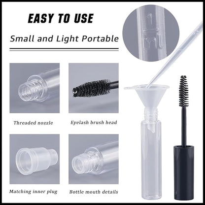 GORGECRAFT 10Pcs 10ml Empty Mascara Tube Bottle Transparent Plastic Eyelash Wand Containers Bottles with Rubber Inserts 4Pcs 2ml Dropper 2Pcs Mini Funnel Hopper for Castor Oil DIY Cosmetics Kit Black