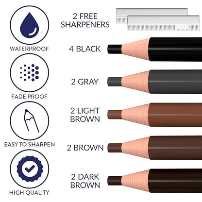Microblading Supplies 12-PC Waterproof Eyebrow Pencil and 4-in-1 Duckbill-Shape Eyebrow Pencil Sharpener Bundle with Blade For Marking, Filling And Outlining, And Permanent Makeup