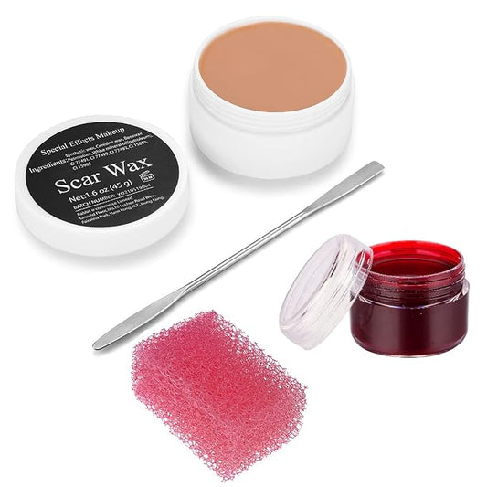 Sfx Makeup Kit Halloween Party Stage Special Effects Makeup Wax Kit, Fake Wound Moudling Scar Wax Nude Color Putty (1.6 Oz), Scab Blood Gel(1.06Oz), Stipple Sponge, Spatula Tool