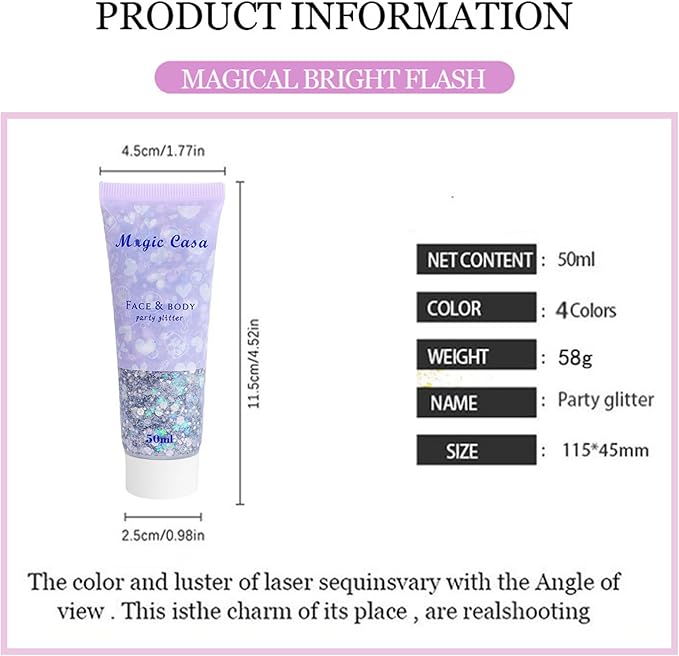 Body Glitter, Silver Face Glitter & 4 Sheets Face Gems Sticker Singer Concerts Music Festival Rave Accessories Mermaid Face Glitter Face Paint Chunky Hair Sparkling Body Glitter for Women 50ml