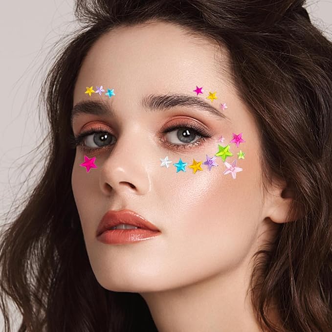 Stars Pattern Face Gems Jewels Self Adhesive Rhinestones Halloween Rave Featival Makeup Body Face Eye Hair Gems Stickers Women Festival Accessory Crafts Decorations (Red Purple Pink Gold Blue Stars)