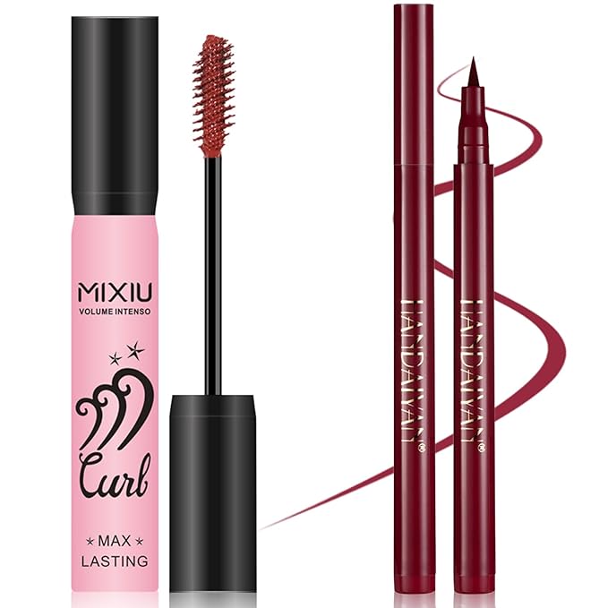 Mascara Eyelashes & Liquid Eyeliner Pencil Set, Lash Extensions Mascara Volume and Length Waterproof, Long-Lasting Smudge-Proof Makeup Set for Women #Burgundy