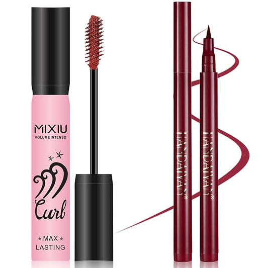 Mascara Eyelashes & Liquid Eyeliner Pencil Set, Lash Extensions Mascara Volume and Length Waterproof, Long-Lasting Smudge-Proof Makeup Set for Women #Burgundy