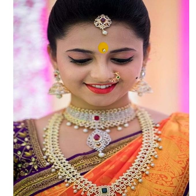 Sticker Kumkum Jewel Bindi Breathable Fabric with Rhinestone, Does not Irritate Skin, No Gum Marks on Skin, Round Tilak A Sheet of 2 Flaps (Multi-Colour) (P6-7MM-Stone)