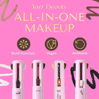 YazzBeauty - 4 in 1 Makeup Touch Up Pen with Nude Lip Liner, Black Eyeliner, Medium Brown Eyebrow Pencil, and Radiant White Matte Highlighter, Compact Beauty Pen, Smudge Proof, Vegan, Cruelty-Free