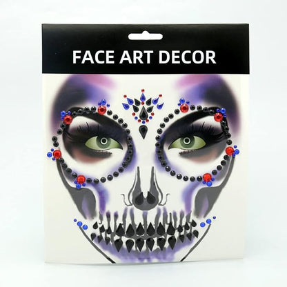 Day of the Dead Face Gems Jewels Tattoos Halloween Face Temporary Skull Tattoos Rhinestone Crystal Stones Body Gems Makeup Stickers DIY Self Adhesive for Women and Girls 2Pcs