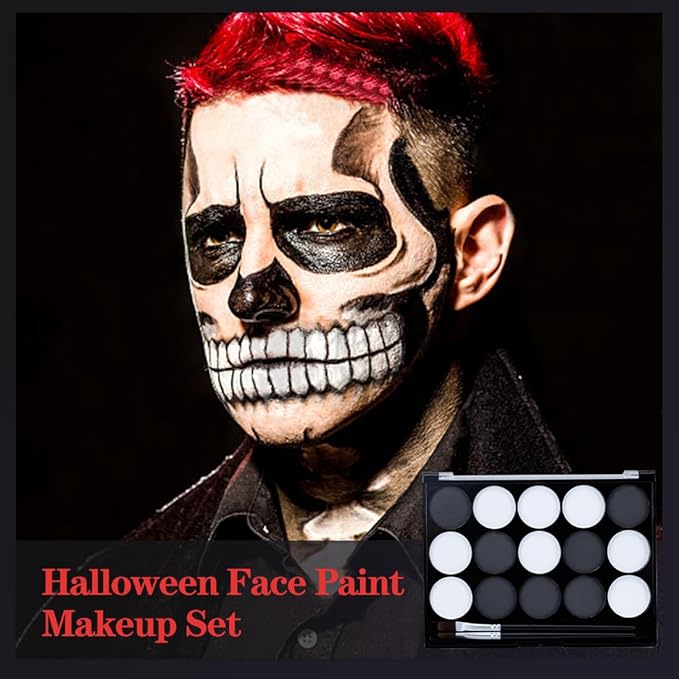 Black White Face Body Paint Kit with Brushes for Art Theater Halloween Party Cosplay Clown Sfx Makeup for Adult, Pro Water Activated Face Body Paint Washable Zombie Skeleton Makeup Kit (15 Colors)