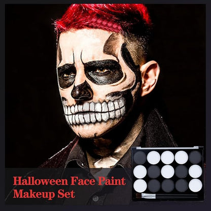 Black White Face Body Paint Kit with Brushes for Art Theater Halloween Party Cosplay Clown Sfx Makeup for Adult, Pro Water Activated Face Body Paint Washable Zombie Skeleton Makeup Kit (15 Colors)