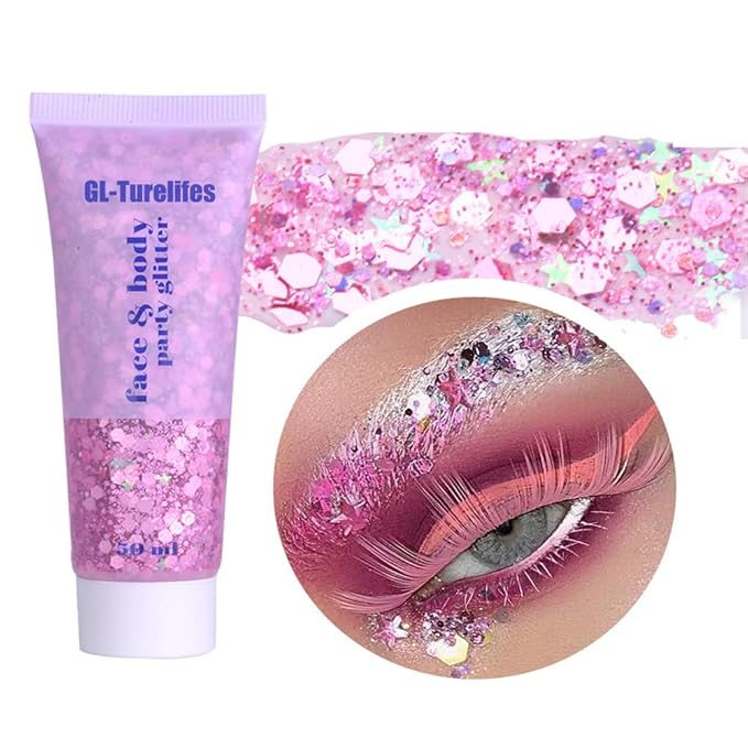 GL-Turelifes Chunky Glitter Gel Glitter Body Gel Festival Glitter Cosmetic Face Hair Nails Makeup Mermaid Sequins Liquid Eyeshadow Long Lasting Sparkling 50ml Easy to Apply, Easy to Remove (#03 Pink)