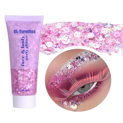 GL-Turelifes Chunky Glitter Gel Glitter Body Gel Festival Glitter Cosmetic Face Hair Nails Makeup Mermaid Sequins Liquid Eyeshadow Long Lasting Sparkling 50ml Easy to Apply, Easy to Remove (#03 Pink)