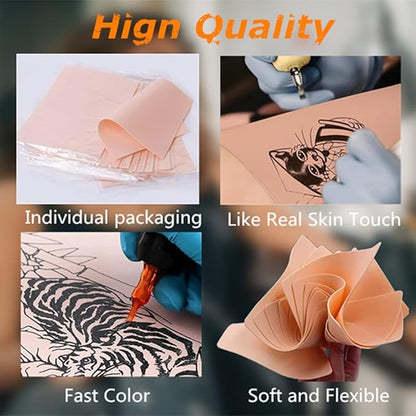 Yuelong 10pcs Tattoo Skin Practice Double-Sided 1.3mm Fake Skin Tattoo 7.4"x5.6" Durable Silicone Tattoo Practice Skins for Realistic Eyebrow, Body Art Training & Practice Skin Supplies