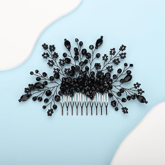Kercisbeauty Tiny Cute Black Beads Flower Hair Comb Wedding Bridal Handmade Dainty Hair Accessories Headpiece for Women Girls Prom Jewelry