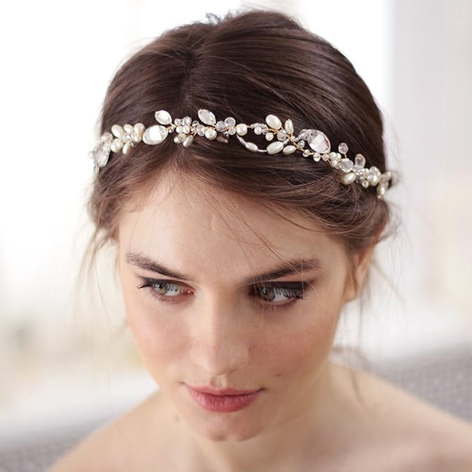 Kercisbeauty Wedding Bridal Headband with Pearl Headpiece for Women Girls Prom Headpiece Vintage Boho Tiara Bridesmaid Hair Accessories(Silver)