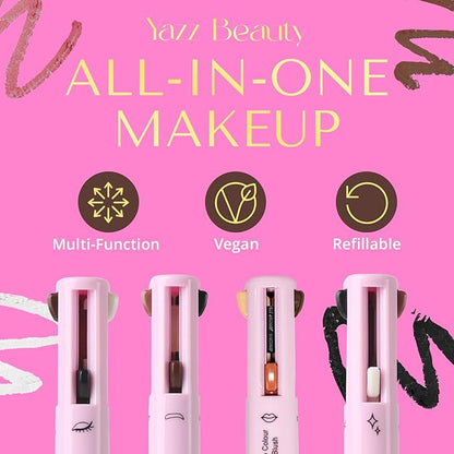 YazzBeauty - 4 in 1 Makeup Touch Up Pen with Berry Lip Liner, Black Eyeliner, Medium Brown Eyebrow Pencil, and White Shimmer Highlighter, Compact Beauty Pen, Smudge Proof, Vegan, Cruelty-Free