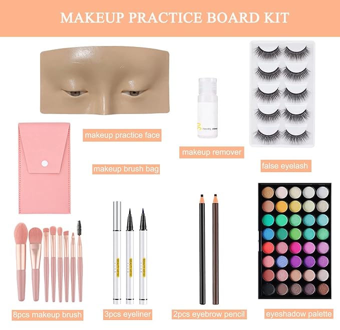 Makeup Practice Face Board, Resusable 3D Makeup Mannequin Face, Eyes Makeup Practice Face with Makeup Kit for Makeup Student and Beginner to Practice Eyeshadow Eyeliner Eyebrow Makeup & Lash Extension