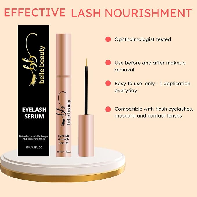 Belle Beauty Eyelash Growth Serum, Longer Looking Eyelashes, Lash Enhancing Serum, for Natural Lashes and Lash Extensions, 3ML/0.11 fl oz