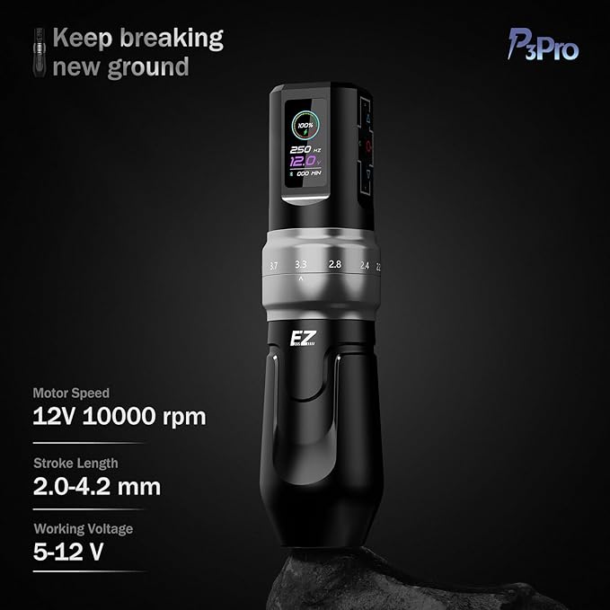 EZ P3 Pro Wireless Tattoo Machine - 6 Strokes 2.0, 2.4, 2.8, 3.3, 3.7, 4.2mm Tattoo Machine Pen with OLED Digital Display 1600mAh Battery Power Tattoo Gun (Matte Black)
