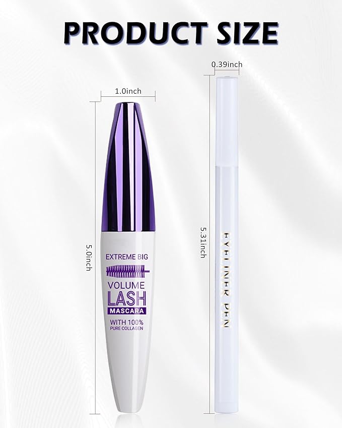 White Waterproof Mascara & Eyeliner, Fiber Lash Extension Colored Tube Mascara Volume and Length, Long Wear Smudge-Proof Voluminzing Colorful Máscara and Liquid Eyeliner Pen Christmas Kit for Women