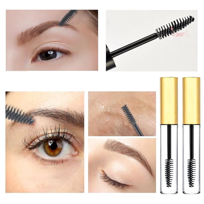 6 Pcs 10 ml Empty Mascara Tubes with Wands and Rubber Inserts Clear Plastic Refillable Eyelash Bottle Mascara Container for DIY Cosmetics (Gold)