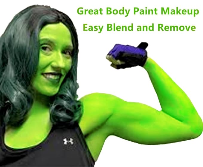 Go Ho UV Blacklight Neon Green Face Body Paint,Water Based Bright Color Neon Fluorescent Body Paint with Cushion Applicator,Glow In The Dark Under UV Lighting Party Neon Green Makeup Washable