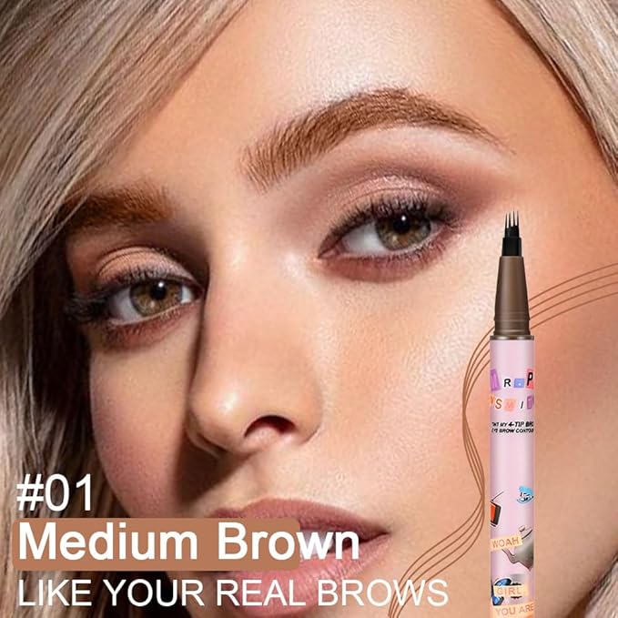 evpct 1Pcs Medium Brown Magic Microblading Eyebrow Contouring Pen Brow Pencil with Hair Like Strokes, 4 Tipped Precise Brow Pencil with Brush Micro-Fork Tips Applicator Natural Looking Brows