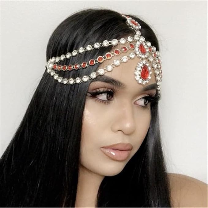 Xerling Red Crystal Pendant Head Chain Boho Layered Rhinestones Forehead Headpiece Tassel Head Jewelry for Women Wedding Hair Clip Accessories for Brides (Red-Gold)