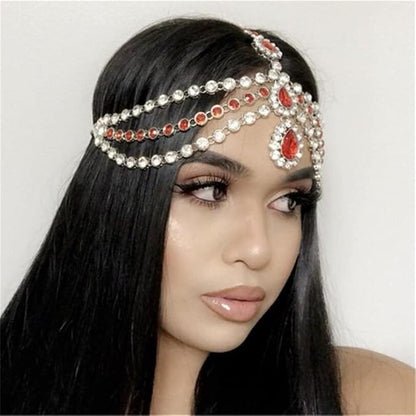 Xerling Red Crystal Pendant Head Chain Boho Layered Rhinestones Forehead Headpiece Tassel Head Jewelry for Women Wedding Hair Clip Accessories for Brides (Red-Gold)
