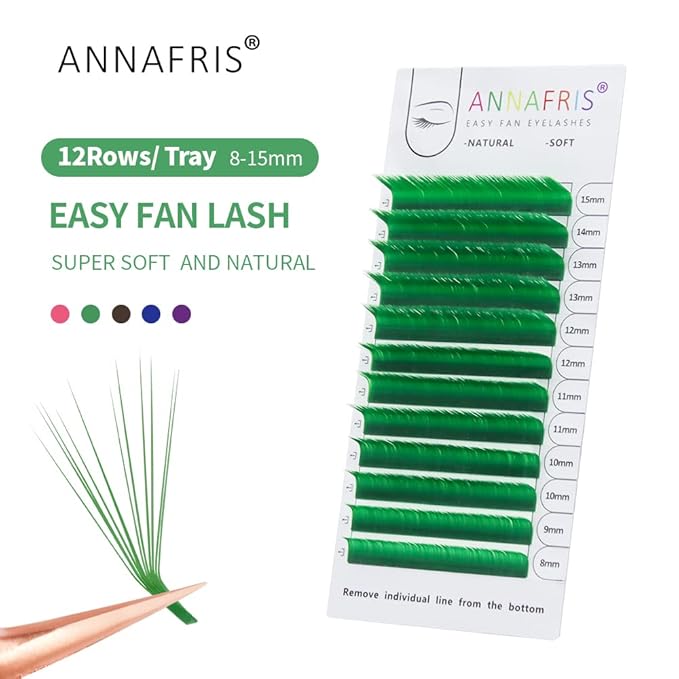 Colored Eyelash Extension Easy Fan Green 0.10 L Curl 8-15mm Mixed Volume Lash Extension Individual False Eye Lashes With Color By ANNAFRIS (Easy Fan Green,0.10 L 8-15mm Mix)