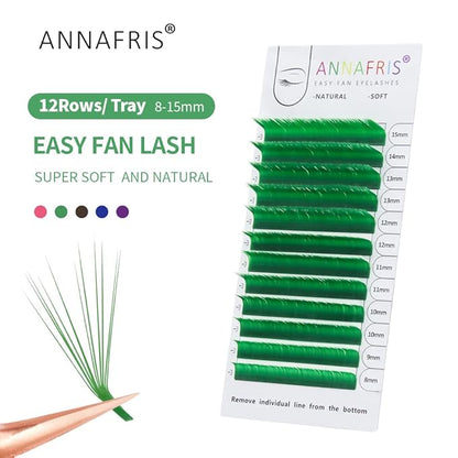 Colored Eyelash Extension Easy Fan Green 0.10 L Curl 8-15mm Mixed Volume Lash Extension Individual False Eye Lashes With Color By ANNAFRIS (Easy Fan Green,0.10 L 8-15mm Mix)