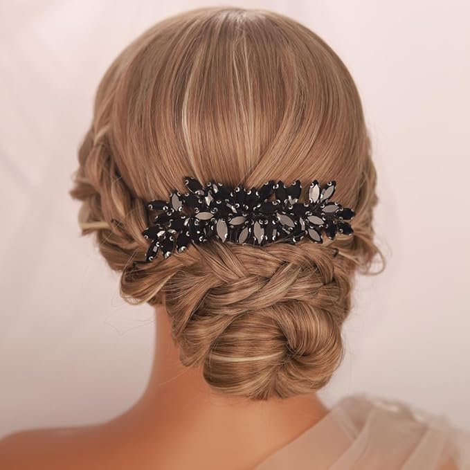 Kercisbeauty Wedding Bridal Black Rhinestones Beads Hair Comb Side Hair Jewelry for Prom Party Halloween Handmade Side Headpiece