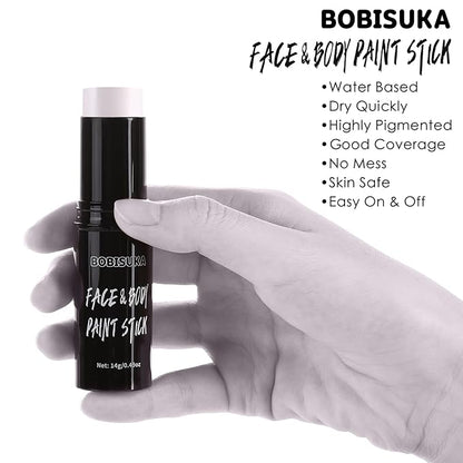 BOBISUKA Alabaster White Face Body Paint Stick White Eye Black Sticks for Sports Water Based Face Painting Kit Quick Drying Foundation Makeup for Halloween Clown Skeleton Joker Cosplay SFX Costume