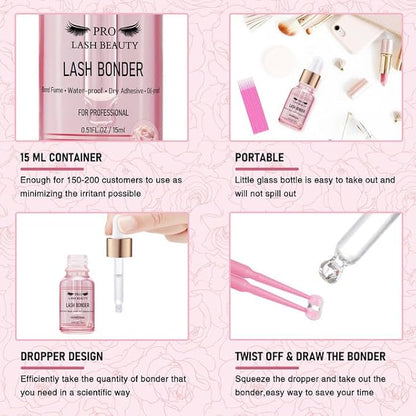 Lash Bonder for Eyelash Extensions Super Bonder Glue Accelerator with 10Pcs Cotton Swab Lash Extension Sealant Longer Retention Waterproof Oil-Proof Special Dropper Design for Dose Control(Rose,15ml)