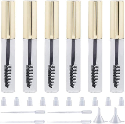 GORGECRAFT 10Pcs 10ml Empty Mascara Tube Bottle Transparent Plastic Eyelash Wand Containers Bottles with Rubber Inserts 4Pcs 2ml Dropper 2Pcs Mini Funnel Hopper for Castor Oil DIY Cosmetics Kit Gold