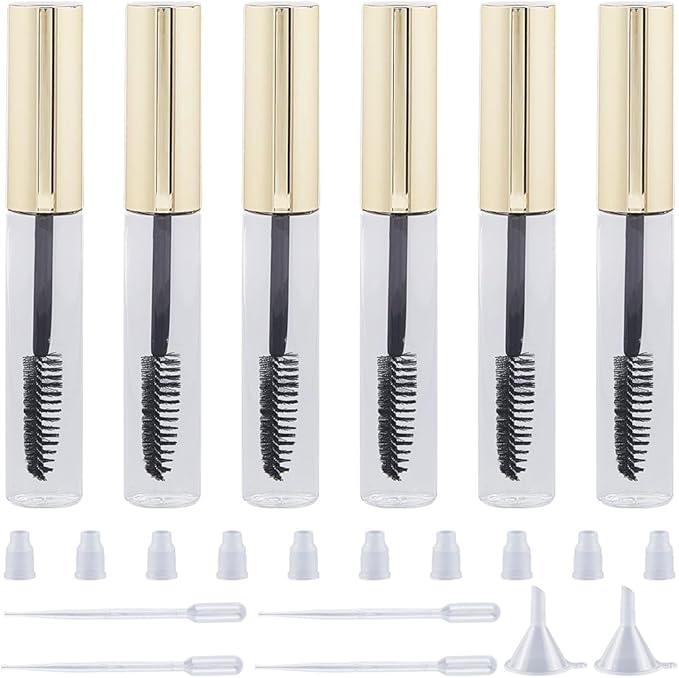 GORGECRAFT 10Pcs 10ml Empty Mascara Tube Bottle Transparent Plastic Eyelash Wand Containers Bottles with Rubber Inserts 4Pcs 2ml Dropper 2Pcs Mini Funnel Hopper for Castor Oil DIY Cosmetics Kit Gold