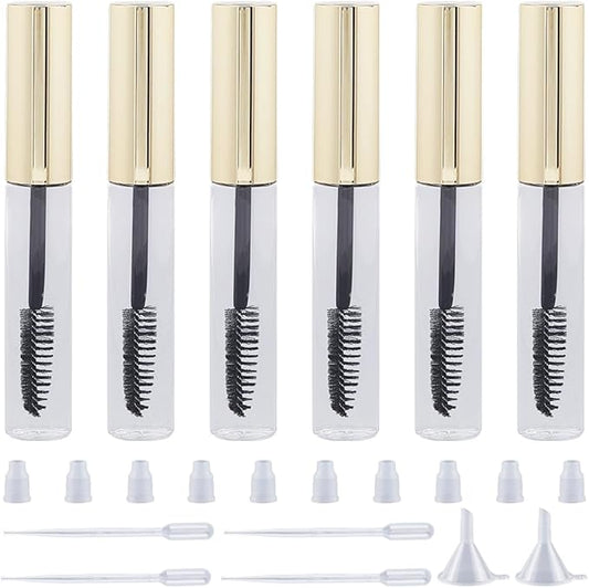 GORGECRAFT 10Pcs 10ml Empty Mascara Tube Bottle Transparent Plastic Eyelash Wand Containers Bottles with Rubber Inserts 4Pcs 2ml Dropper 2Pcs Mini Funnel Hopper for Castor Oil DIY Cosmetics Kit Gold